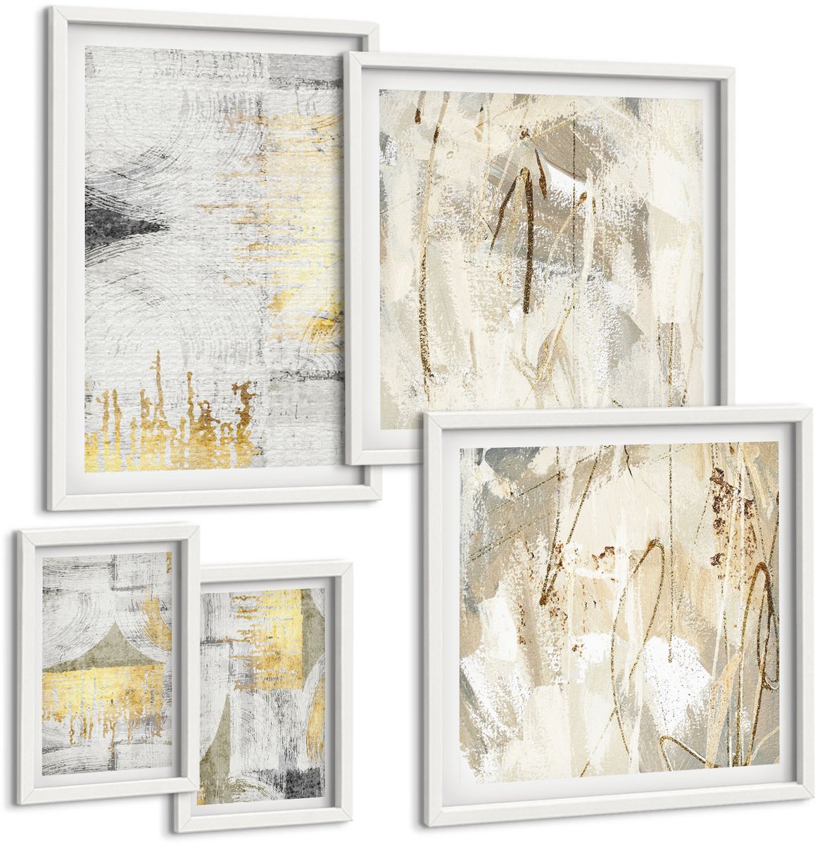 Wallfluent 5-Delige Schilderij Set - Stijlvolle Abstracte Composities Met Geometrische Patronen - 50 x 50 cm, 20 x 30 cm En 40 x 60 cm - Moderne Wanddecoratie - Slaapkamer