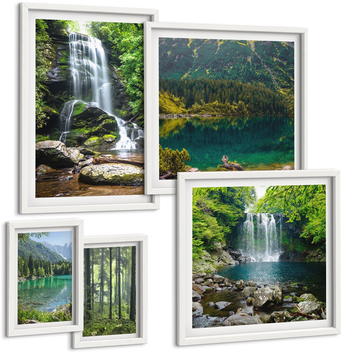 Wallfluent 5-Delige Schilderij Set - Watervallen En Boslandschappen, Omgeven Door De Natuur. - 50 x 50 cm, 20 x 30 cm En 40 x 60 cm - Muurdecoratie - Interieur Decoratie - Decoratieve Schilderijen
