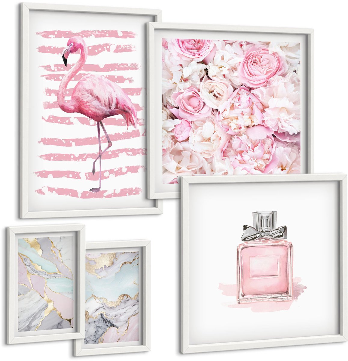 Wallfluent 5-Delige Schilderij Set - Stijlvolle Accenten In Roze Tinten Met Bloemen En Flamingo'S - 50 x 50 cm, 20 x 30 cm En 40 x 60 cm - Moderne Wanddecoratie - Slaapkamer - Muurdecoratie