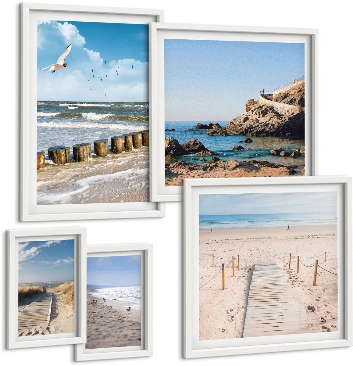 Wallfluent 5-Delige Schilderij Set - Kustlandschappen Met Stranden En Uitzicht Op Zee - 50 x 50 cm, 20 x 30 cm En 40 x 60 cm - Stijlvolle Muurdecoratie - Slaapkamer
