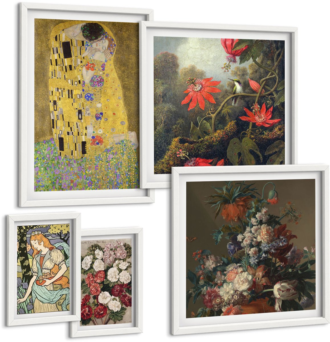 Wallfluent 5-Delige Schilderij Set - Bloemcomposities En Romantische Scènes In De Kunst - 50 x 50 cm, 20 x 30 cm En 40 x 60 cm - Wanddecoratie - Muurdecoratie - Woonkamer