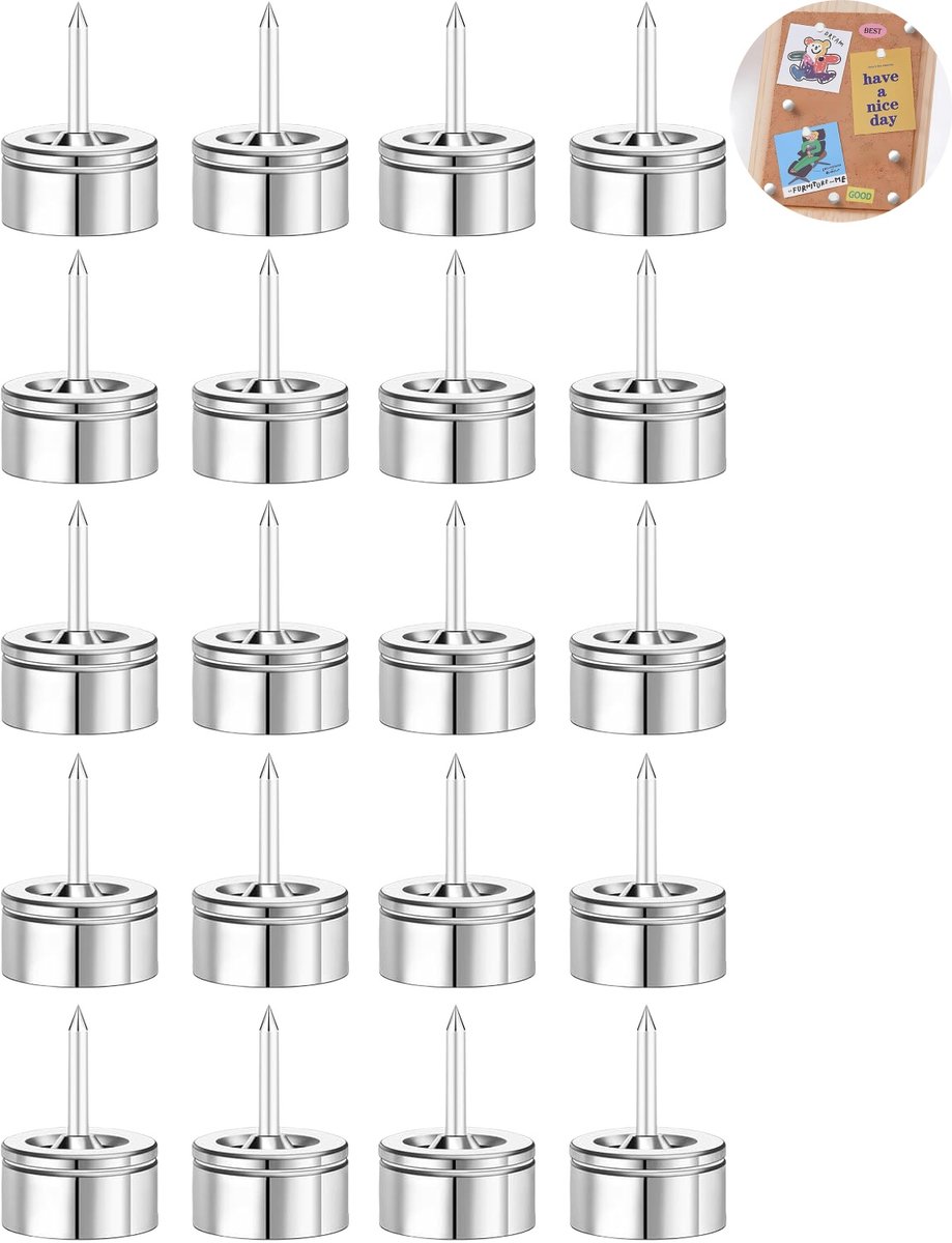 20 stuks - magnetische pushpins - prikmagneten - magneet‑spelden - sterke adsorptie, boren niet nodig - magneet 8 mm, speld 11 mm - voor prikbord, whiteboard, kantoor en thuis - zilver