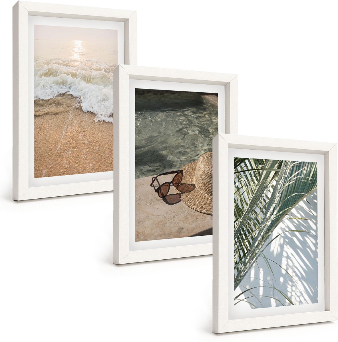 Wallfluent 3-Delige Schilderij Set - Water Strandhoed En Zonnebril Bladeren - 20 x 30 - Wanddecoratie - Muurdecoratie - Woonkamer - Interieur Decoratie