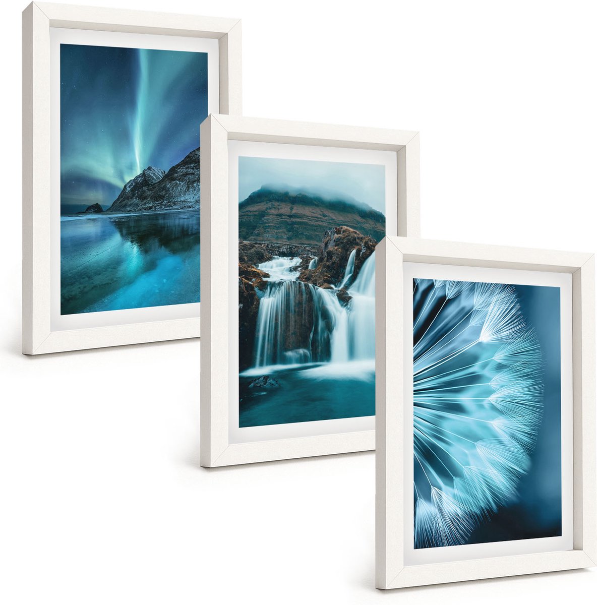Wallfluent 3-Delige Schilderij Set - Winterlandschappen Met Watervallen En Het Noorderlicht - 20 x 30 - Muurdecoratie - Schilderijen Set - Woonkamer - Wanddecoratie