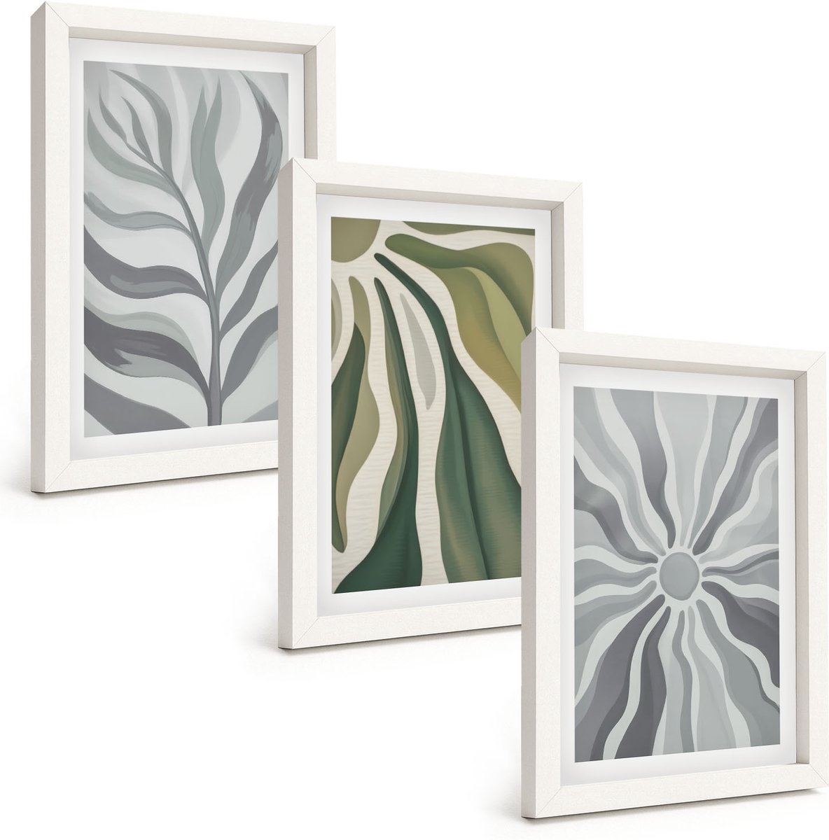 Wallfluent 3-Delige Schilderij Set - Plantenpatronen In Tinten Groen En Grijs - 20 x 30 - Wanddecoratie - Muurdecoratie - Woonkamer - Woonkamer Decoratie