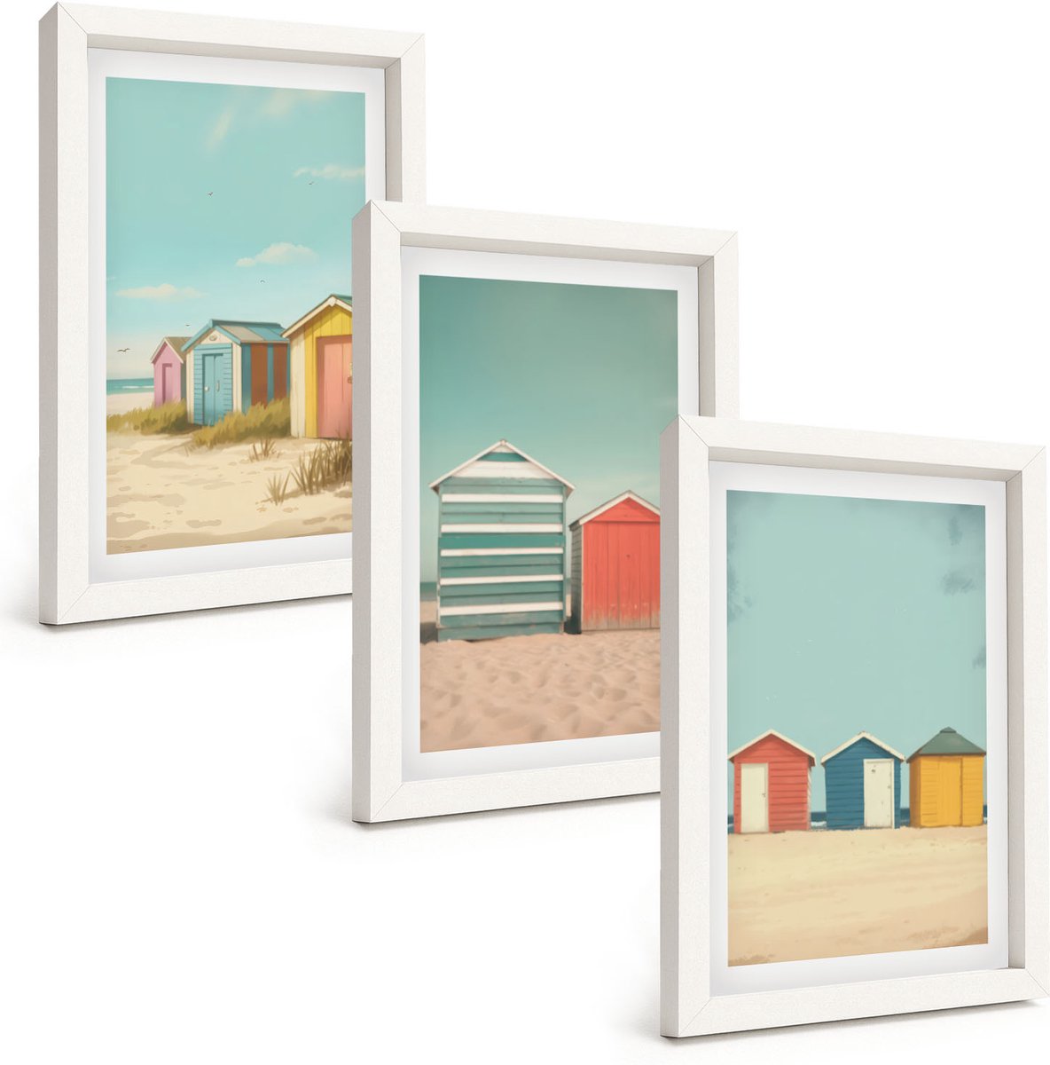 Wallfluent 3-Delige Schilderij Set - Kleurrijke Strandhuisjes In De Zomerzon - 20 x 30 - Decoratieve Muurdecoratie - Slaapkamer - Interieur Decoratie
