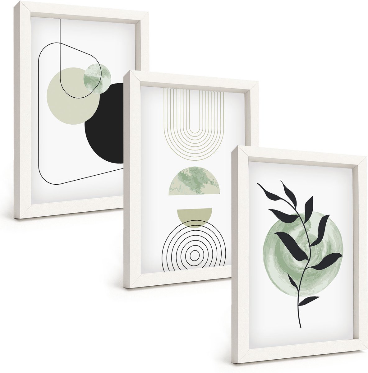 Wallfluent 3-Delige Schilderij Set - Abstracte Vormen En Plantmotieven In Groen - 20 x 30 - Stijlvolle Muurdecoratie - Slaapkamer