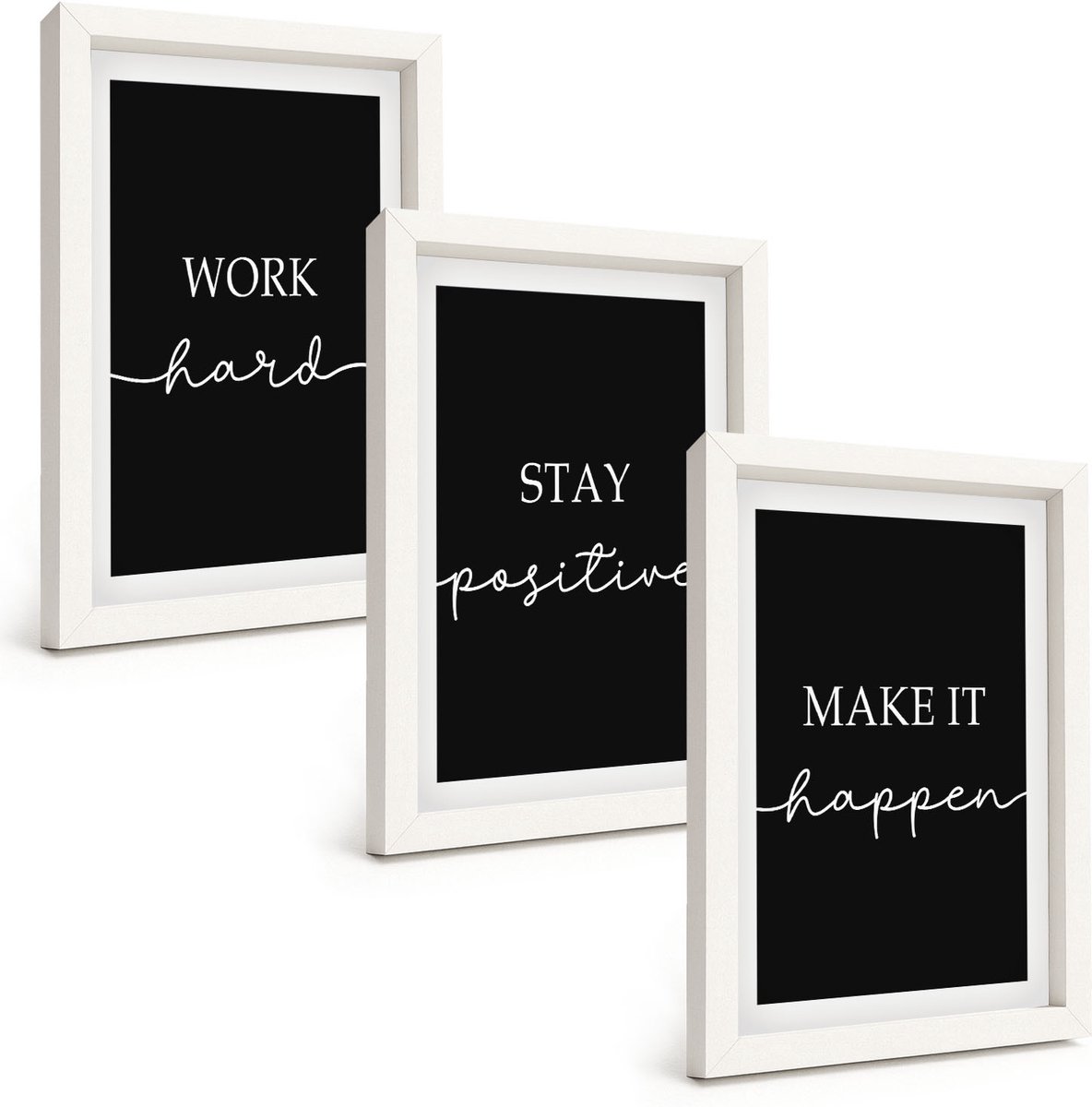 Wallfluent 3-Delige Schilderij Set - Elegante, Motiverende Slogans Op Een Zwarte Achtergrond - 20 x 30 - Stijlvolle Muurdecoratie - Kantoor - Wanddecoratie
