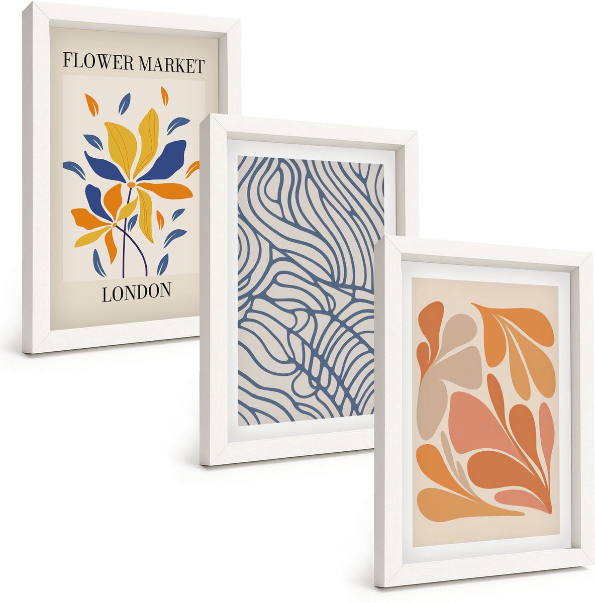 Wallfluent 3-Delige Schilderij Set - Moderne Bloemen Met Abstracte Patronen - 20 x 30 - Decoratieve Muurdecoratie - Slaapkamer - Decoratieve Schilderijen
