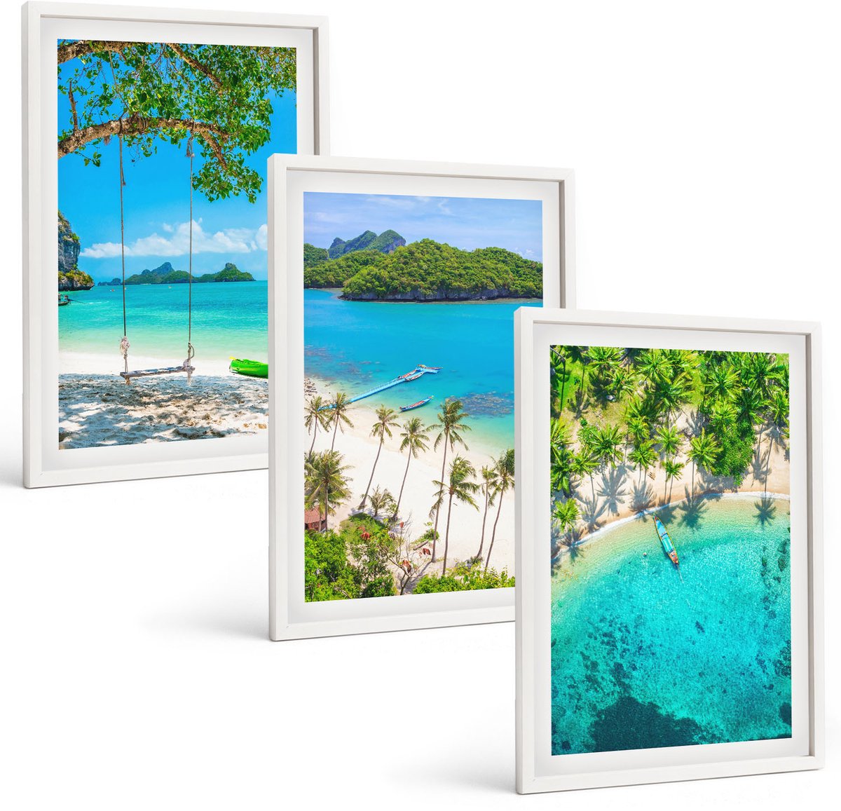 Wallfluent 3-Delige Schilderij Set - Tropische Stranden Met Palmbomen En Kristalhelder Water. - 40 x 60 - Muurdecoratie - Schilderijen Set - Woonkamer - Moderne Wanddecoratie