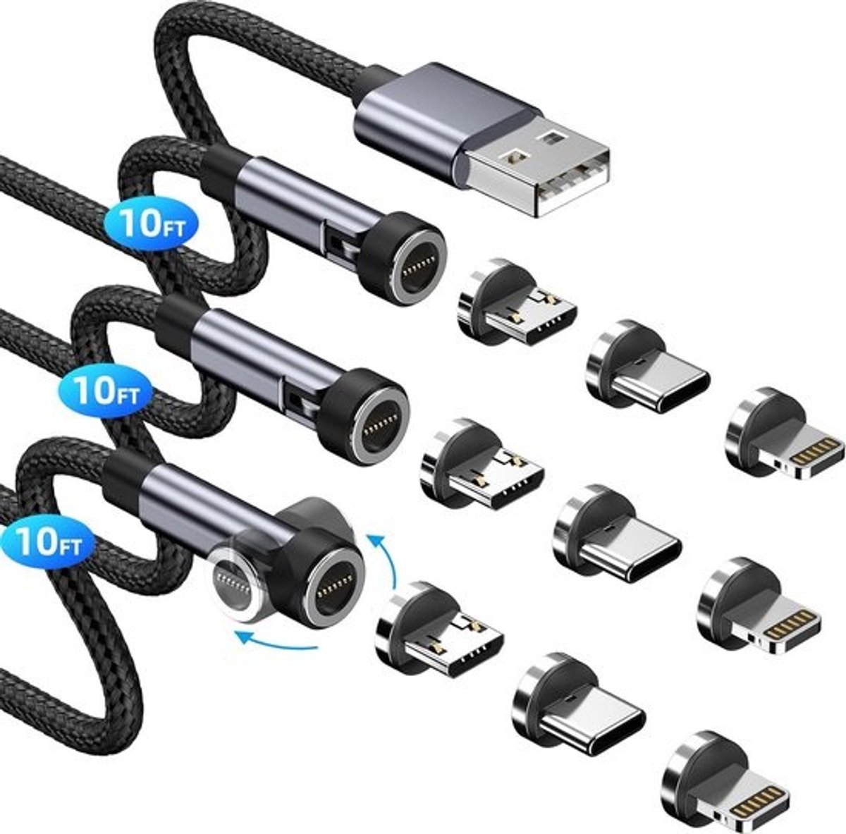 Magnetische Oplaadkabel 3-in-1 met 540° Rotatie - 3A Snel Laden en Dataoverdracht - 3 Stuks