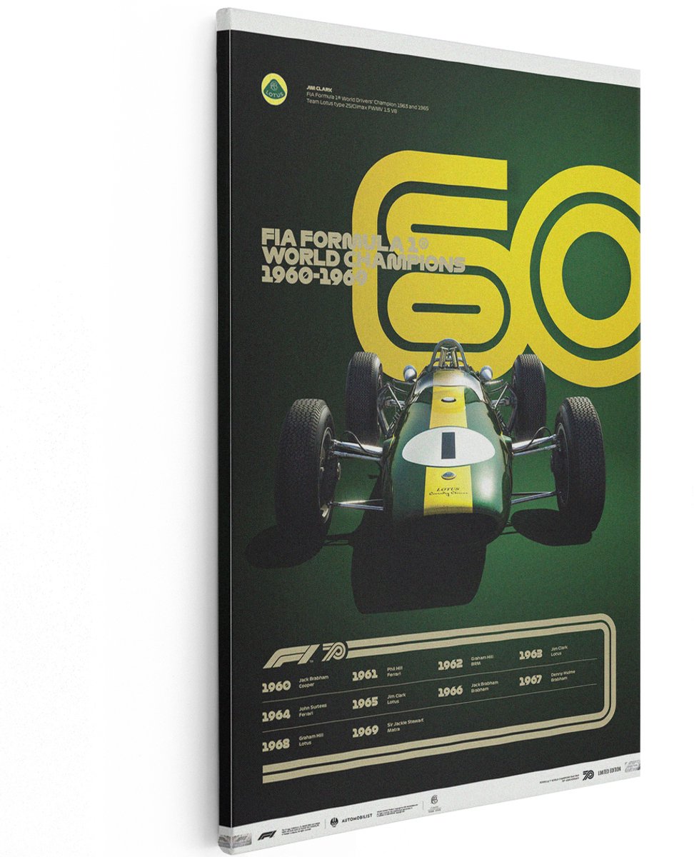 Artaza Canvas Schilderij Formule 1 Lotus - 120x180 cm - Groot - Wanddecoratie Auto Vintage - Muurdecoratie Jim Clark - Decoratie Retro Raceauto Groen