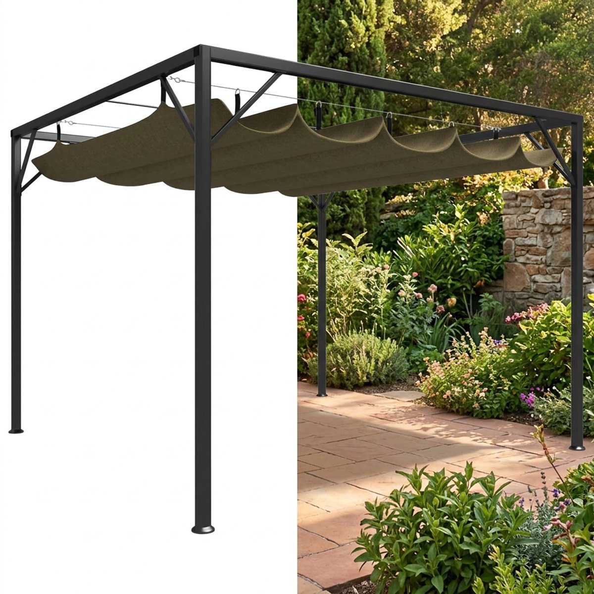 Pergola - 3 x 3 m - Prieel - Paviljoen - Terras - Weerbestendig - Metalen Frame - Met zonwering - Taupe