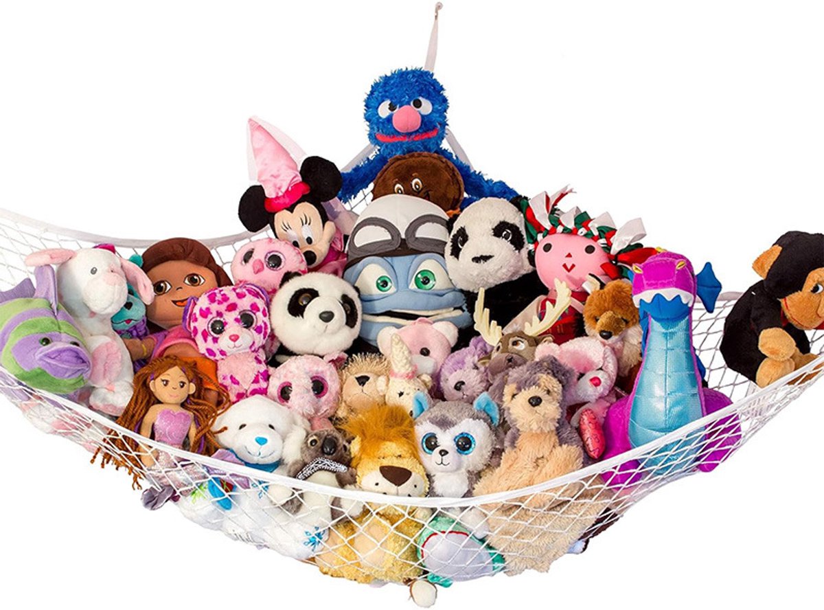 Grote Hangmat Opbergnet voor Knuffels en Pluche Dieren, Speelgoednet met Stevige Haak voor Kinderkamer Decoratie en Wandopslag, Ruim Net dat Knuffels Netjes en Binnen Handbereik Houdt, Wit