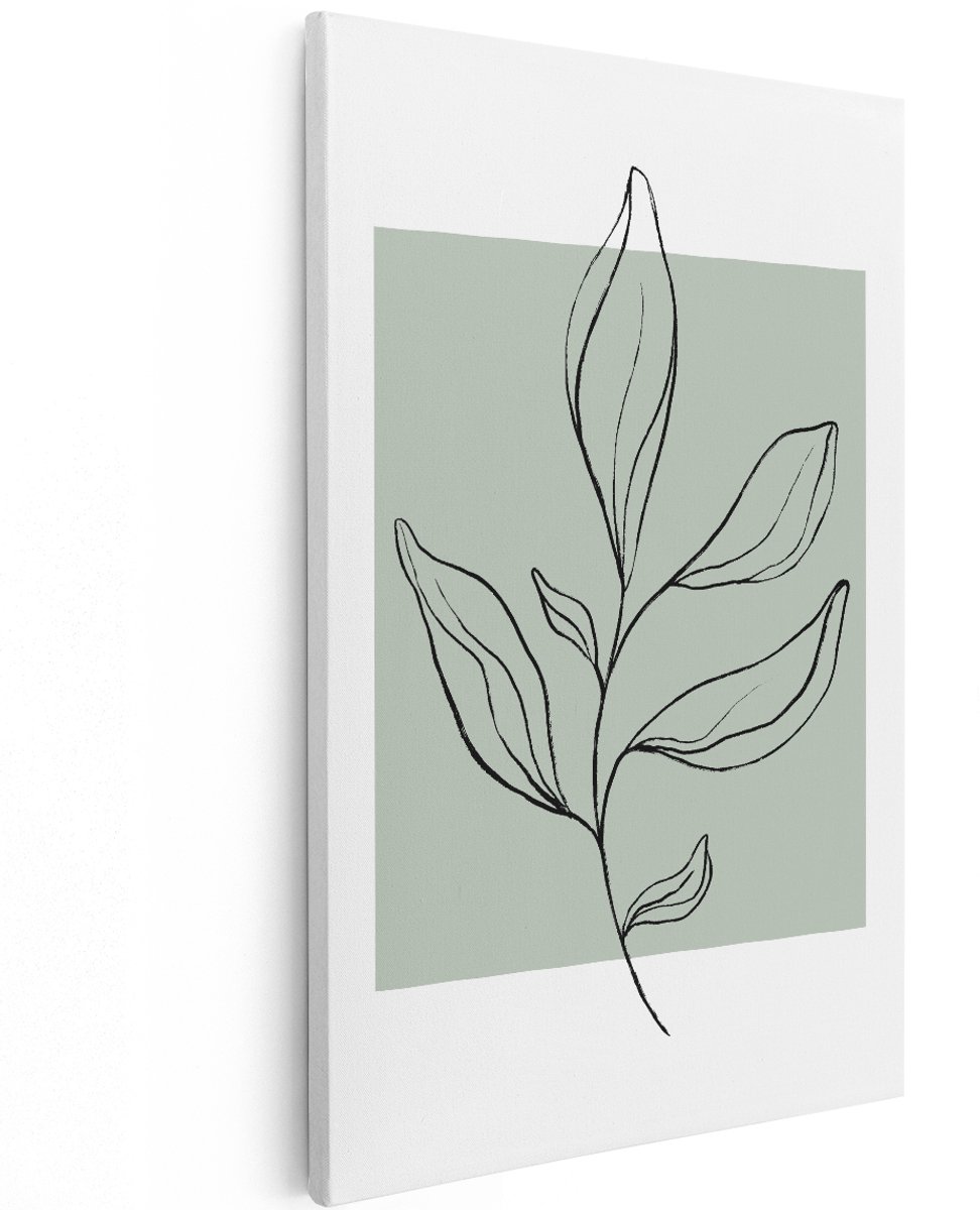 Artaza Canvas Schilderij Botanisch - 120x180 cm - Groot - Wanddecoratie Japandi - Muurdecoratie Line Art - Decoratie Tak Bladeren - Groen