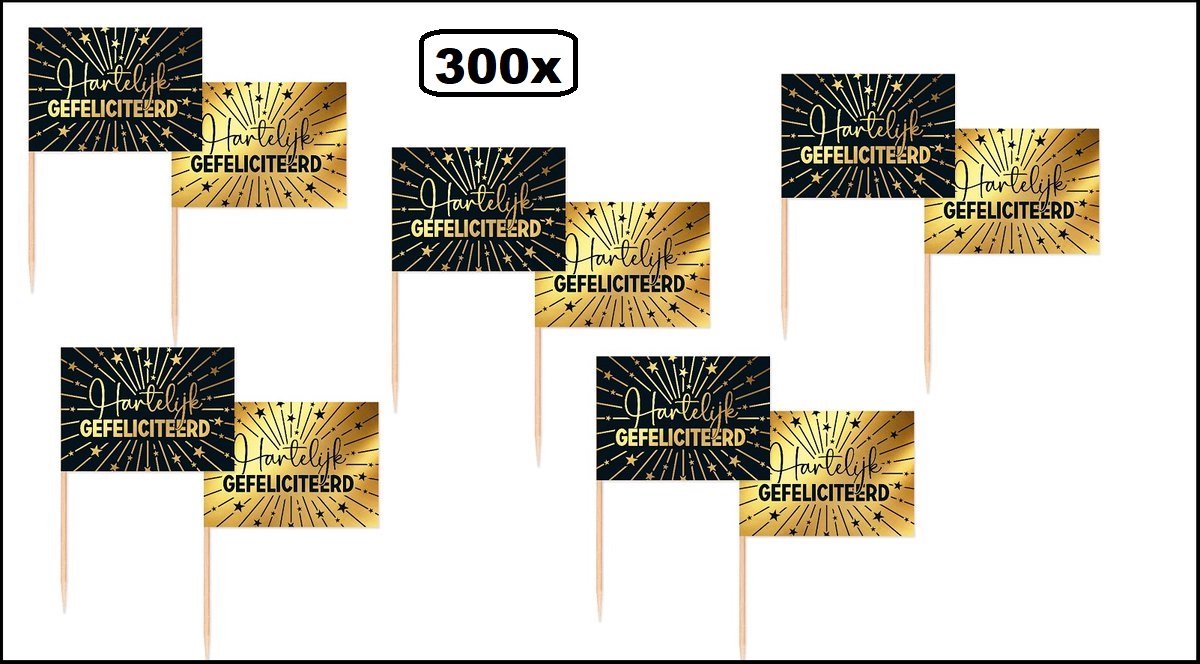 300 stuks Luxe Cocktailprikkers Hartelijk gefeliciteerd goud/zwart - Vlag prikker Jubileum verjaardag thema feest bruiloft cocktail prikker