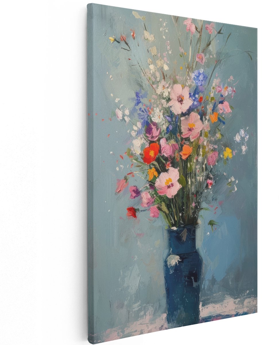 Artaza Canvas Schilderij Bloemen - 120x180 cm - Groot - Wanddecoratie Stilleven - Muurdecoratie Boeket - Schilderijen Op Canvas Blauwe Vaas