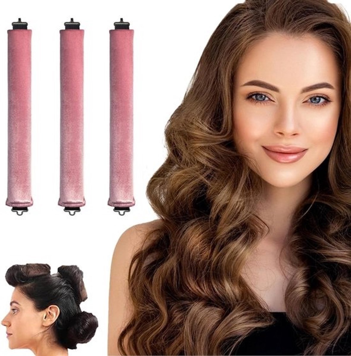 Allecto Plus - Set van 3 hittevrije krulspelden voor alle haartypes - Flexibele stangen met haken - Roze kleur - Ideaal voor 's nachts - Krullen zonder warmte - Krulspelden om in te slapen