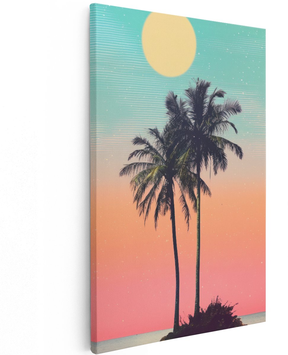 Artaza Canvas Schilderij Palmbomen - 120x180 cm - Groot - Wanddecoratie Zonsondergang - Muurdecoratie Tropisch Eiland - Decoratie Zee Retro Stijl