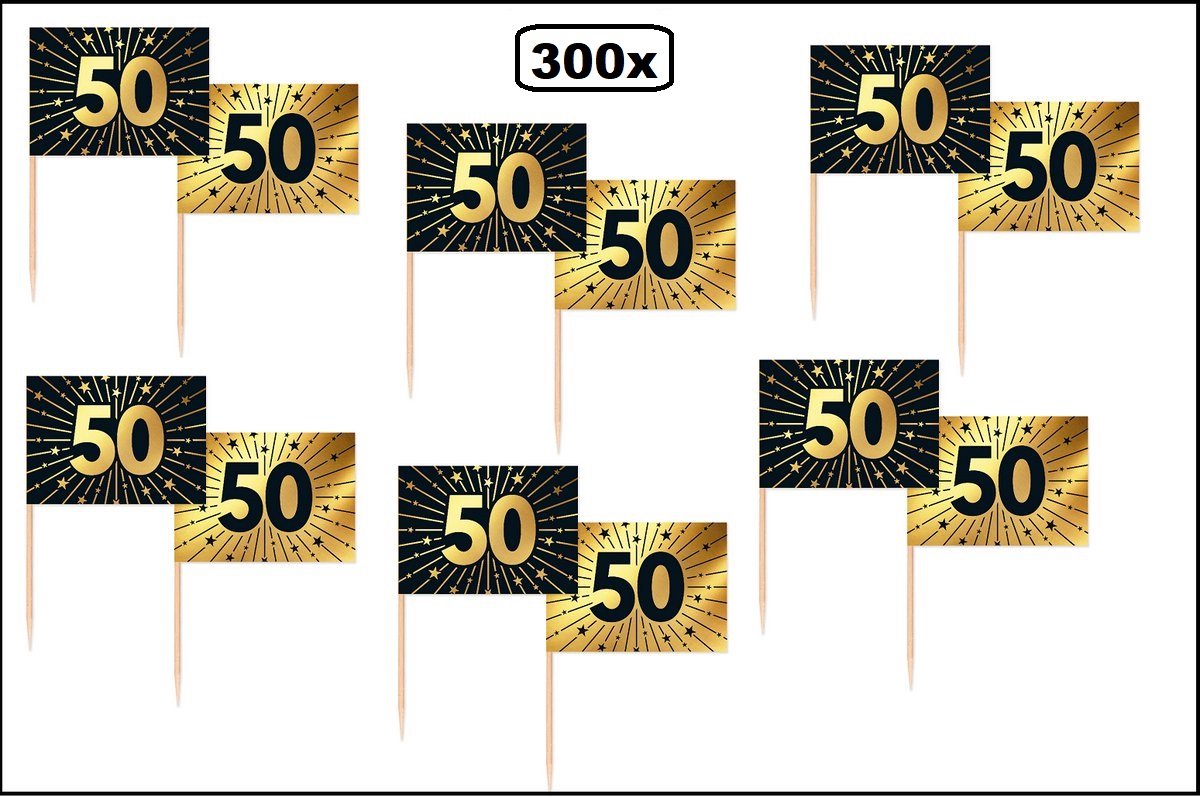 300 stuks Luxe Cocktailprikkers 50 jaar goud/zwart - Vlag prikker Jubileum verjaardag thema feest koperen bruiloft cocktail prikker