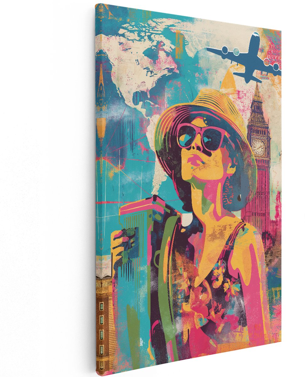 Artaza Canvas Schilderij Vrouw Reizen - 120x180 cm - Groot - Wanddecoratie Wereldkaart - Muurdecoratie Londen - Pop Art Schilderijen Kleurrijk