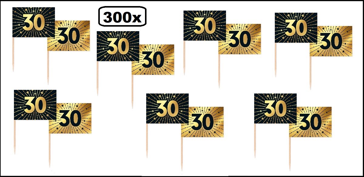 300 stuks Luxe Cocktailprikkers 30 jaar goud/zwart - Vlag prikker Jubileum verjaardag thema feest bruiloft cocktail prikker