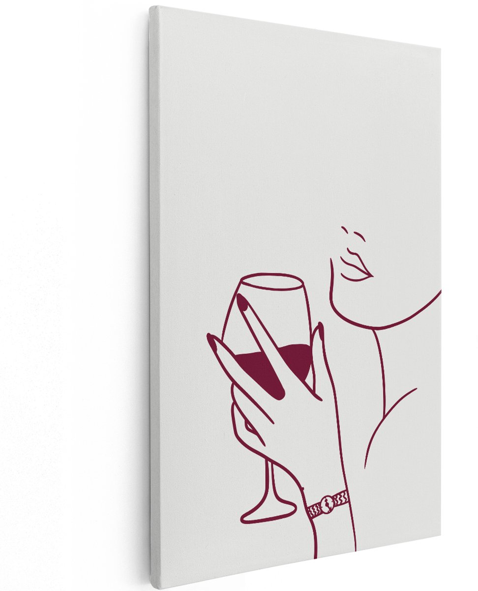 Artaza Canvas Schilderij Vrouw Met Wijnglas - 120x180 cm - Groot - Line Art Wanddecoratie - Muurdecoratie Woonkamer - Minimalistisch Portret - Bordeaux Rood