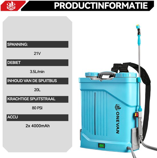 ONEVAN Accu Drukspuit - Aangedreven Rugspuit - 8 Bar Drukspuit - 20 L - met 2x Accu's en 5 Sproeikoppen - voor Gazon, Onkruid & Terras — afbeelding 3
