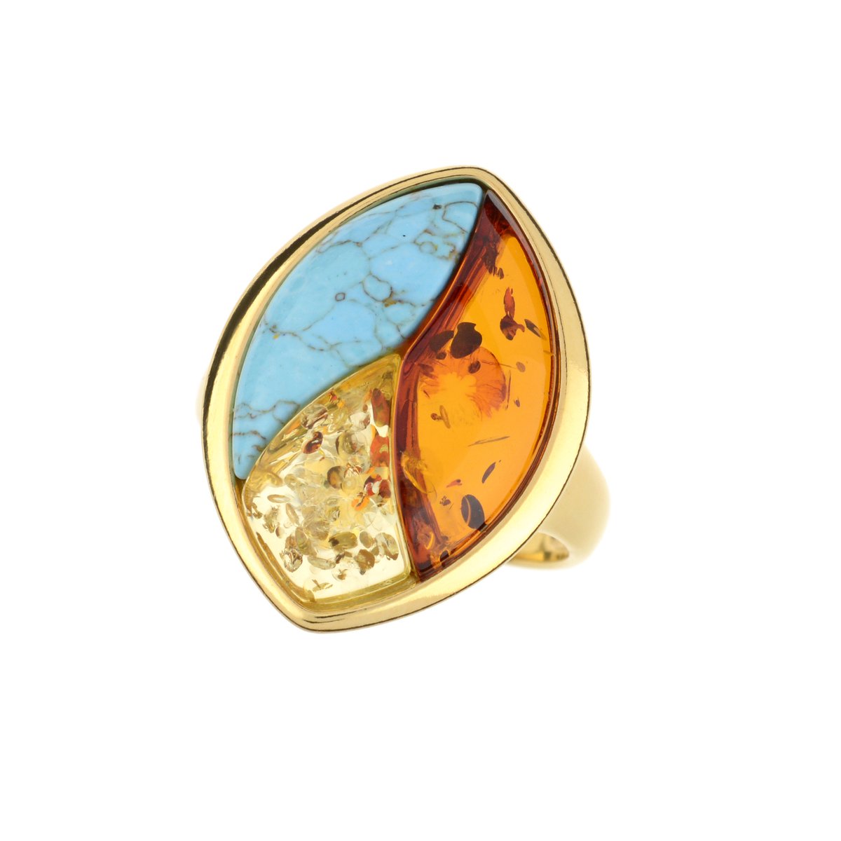 Cavill - Elegante Damesring 925 Zilver - 18K Goud Verguld - Baltische Cognac Barnsteen 1.42 ct, Turkoois 3 ct & Citroen Barnsteen 1 ct
