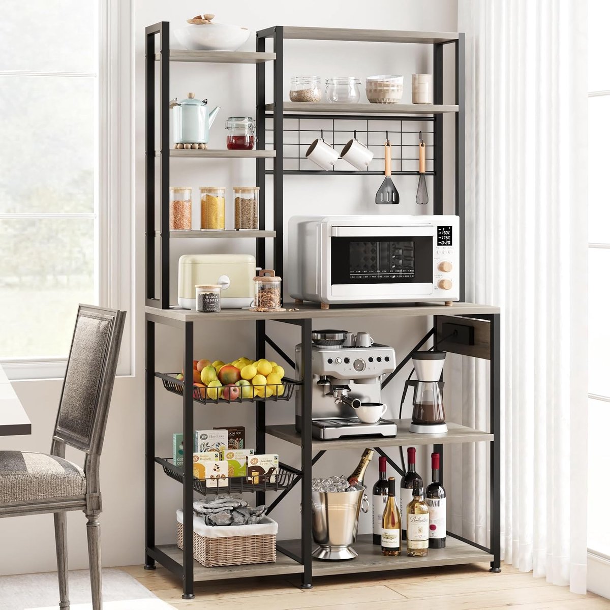 Keukenrek met Stopcontact - Bakkersrek 7 Niveaus - Magnetronkast met 2 Draadmanden - Koffiebar & Voorraadkast - Industrieel Grijs - 90 x 40 x 178 cm