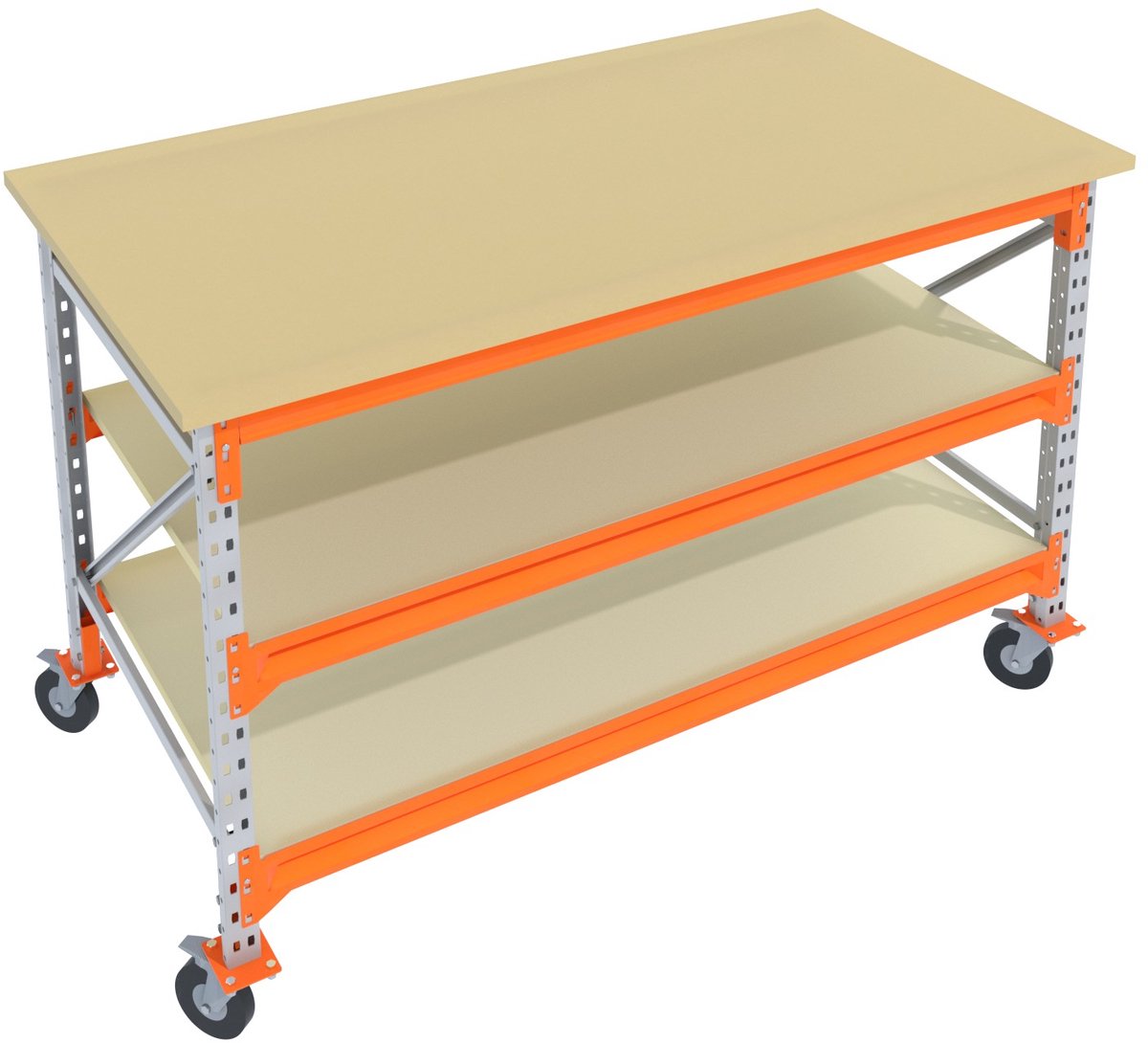 Verrijdbare Werkbank & Inpaktafel mobiel Galva 135cmx85cm - 3 niveaus (multiplex, zwarte wielen)