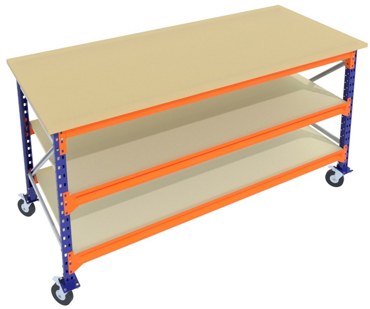 Verrijdbare Werkbank & Inpaktafel mobiel Blauw 200cmx105cm - 3 niveaus (multiplex, zwarte wielen)