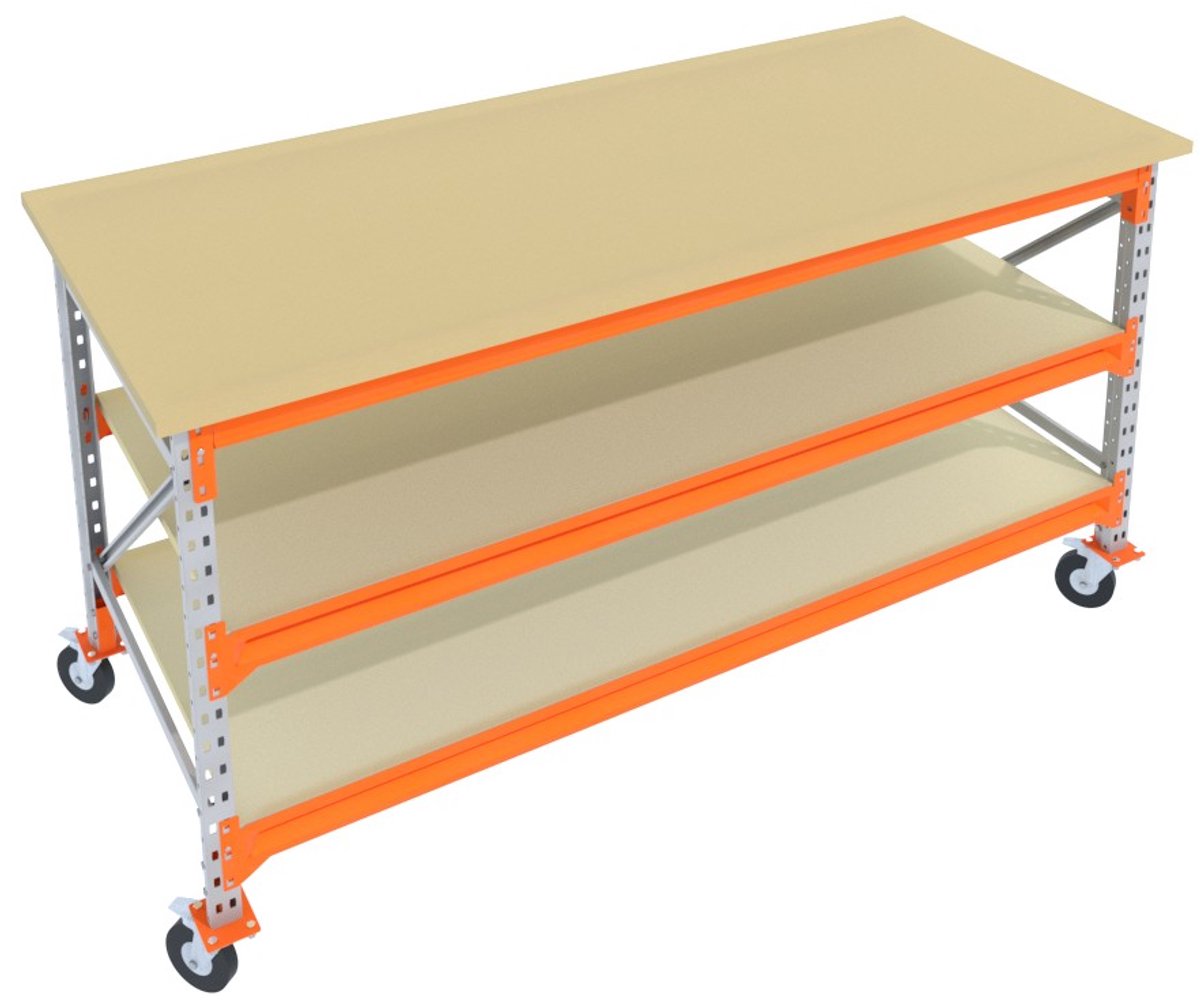 Verrijdbare Werkbank & Inpaktafel mobiel Galva 200cmx105cm - 3 niveaus (multiplex, zwarte wielen)