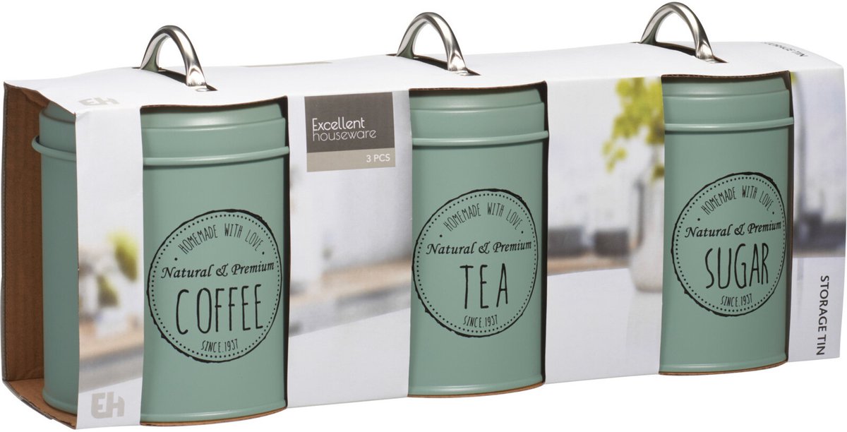 Excellent Houseware Keuken voorraad blikken - 3x stuks - groen - suiker - thee - koffie - 11 x 16 cm - Vintage look