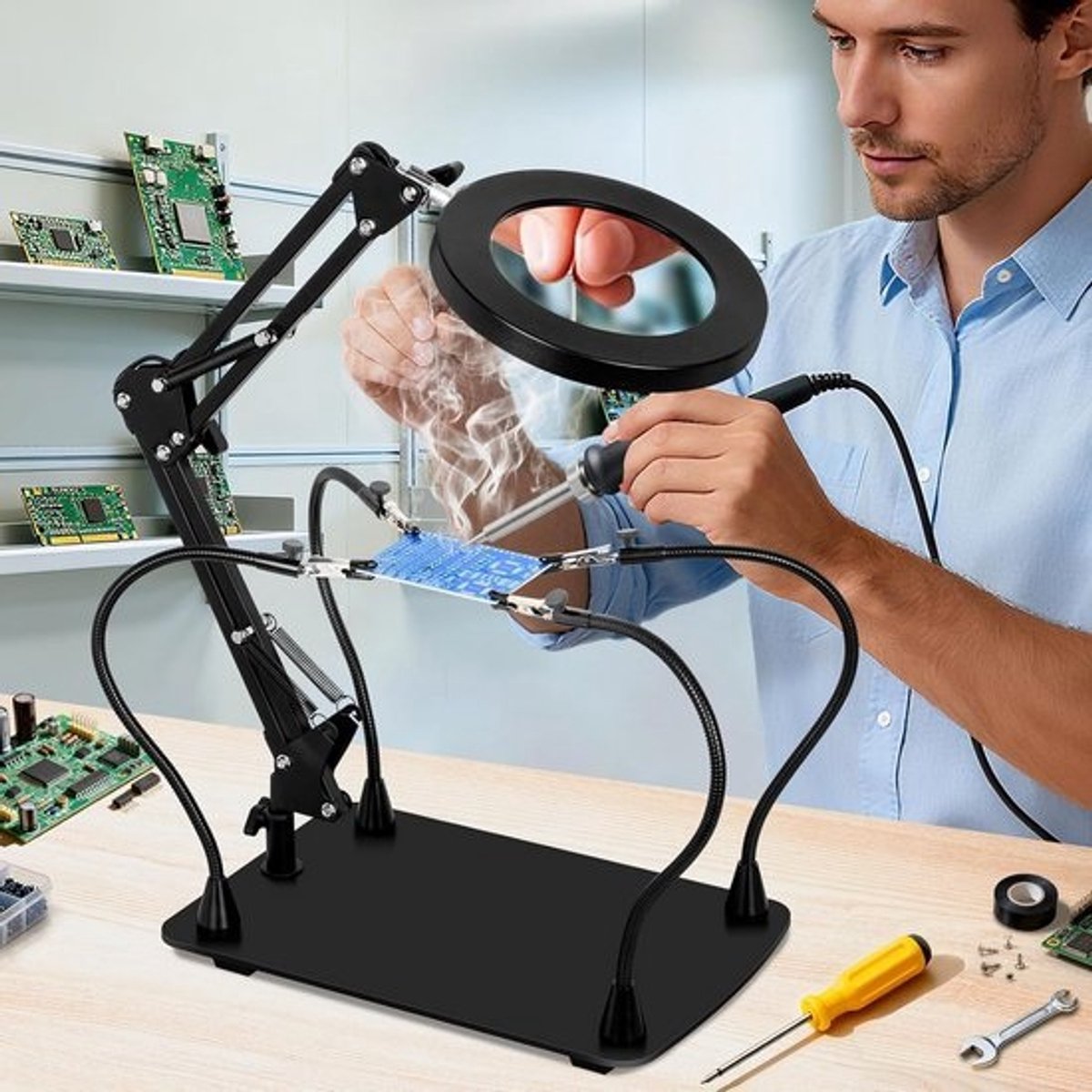 10x Vergrootglas met Verlichting en Tafelklem - Flexibele Arm en Grote Stabiliserende Basis voor Hobby en Precisiewerk
