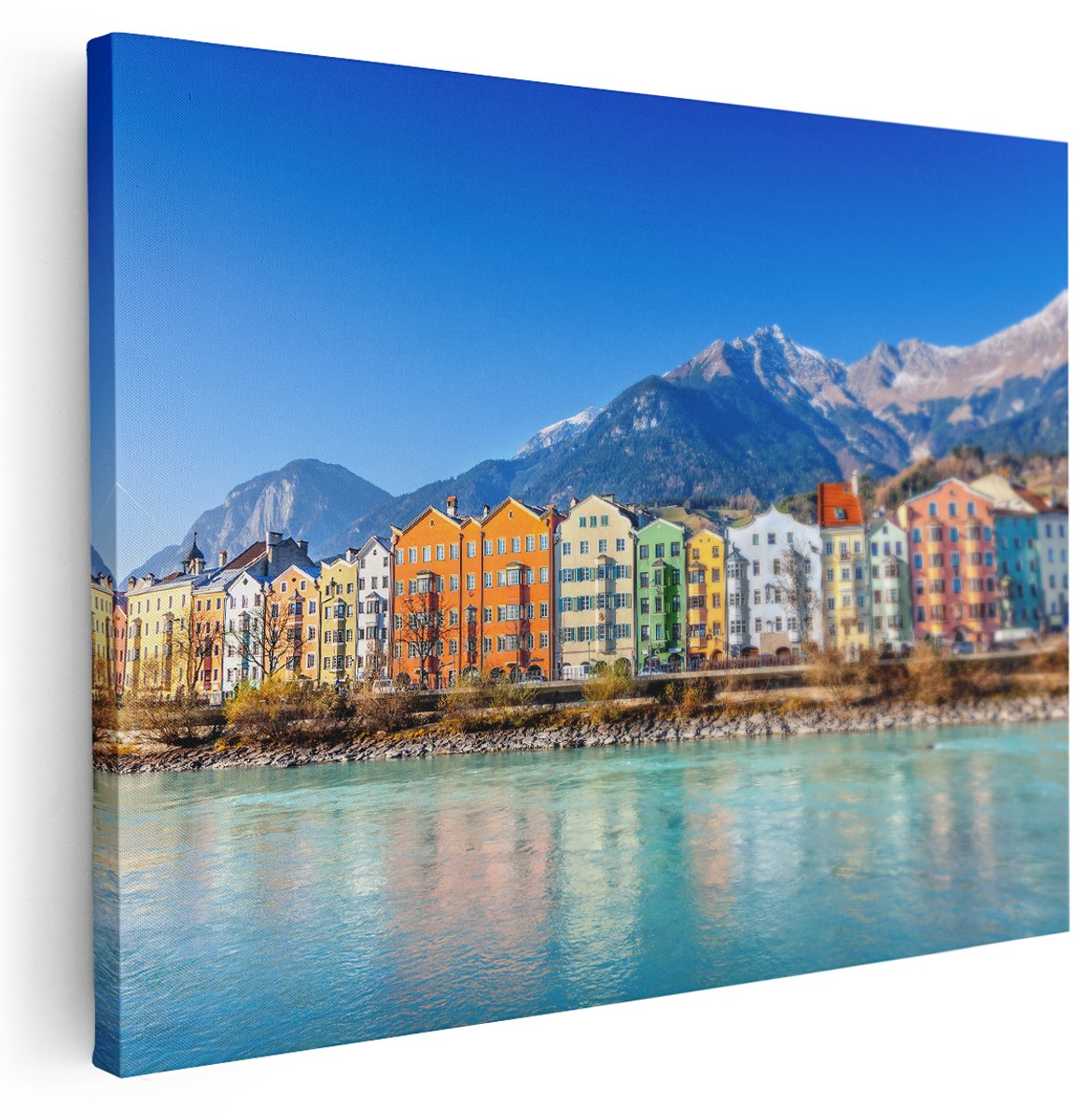 Artaza Canvas Schilderij Gekleurde Huisjes in Innsbruck, Oostenrijk - 160x120 cm - Groot - Wanddecoratie Woonkamer - Schilderijen - Muurdecoratie