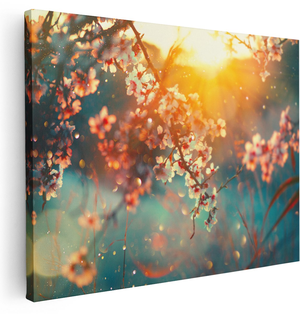 Artaza Canvas Schilderij Bloesemboom Tijdens Zonsondergang - Bloem - 160x120 cm - Groot - Wanddecoratie Woonkamer - Schilderijen - Muurdecoratie