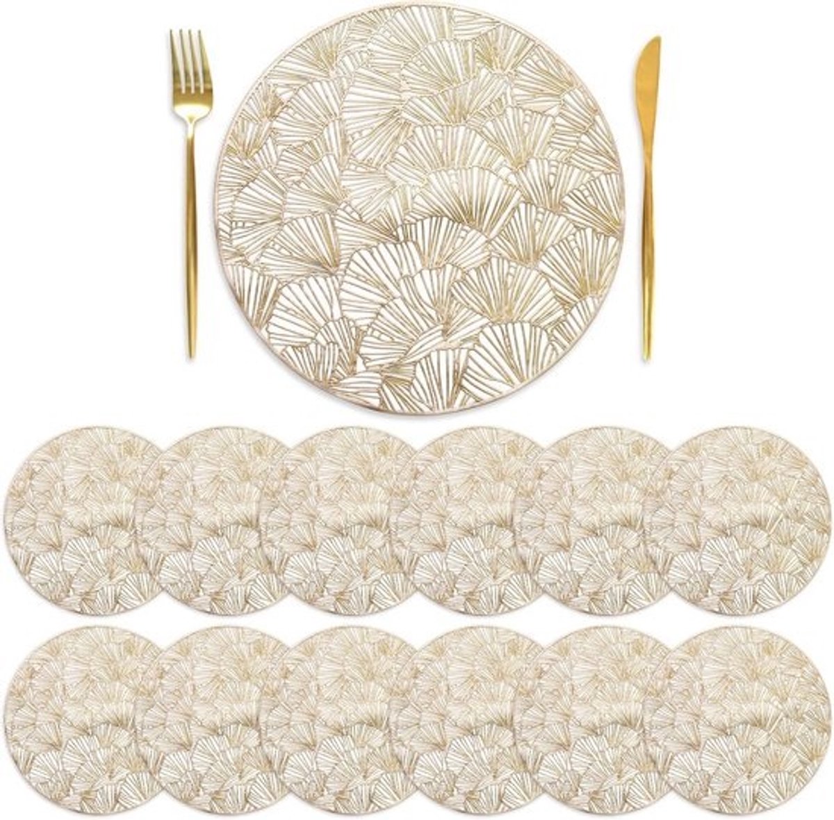 Set van 12 ronde geperste vinyl placemats met ginkgo biloba-ontwerp, 38 cm, wasbaar en afwasbaar