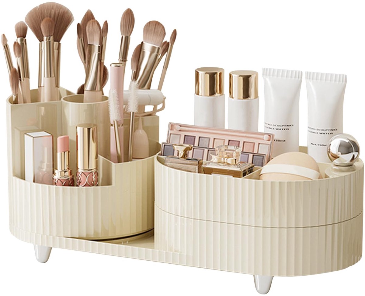 Cosmetica Organizer - 360° Draaibaar met Lades en Kwastenhouder - Grote Capaciteit voor Kaptafel, Slaapkamer, Badkamer - Crème