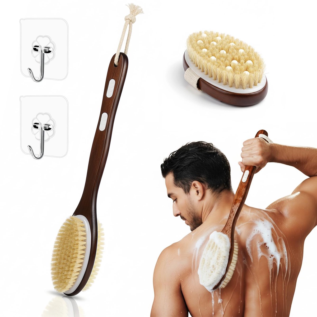 Set van 2 Rug- en Lichaamsborstels - Met lange steel - Natuurlijke zwijnenharen - Dubbelzijdig - Voor peeling, dode huidcellen en cellulitemassage