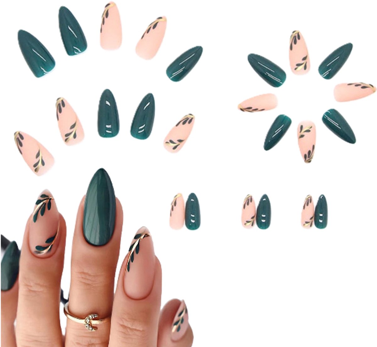 24 Stuks Nails Lange acrylnagels - Stijlvolle Kunstnagels met Amandel nepnagels - nagels Volledig dekkende - nagels voor dames - Groene - LOUZIR