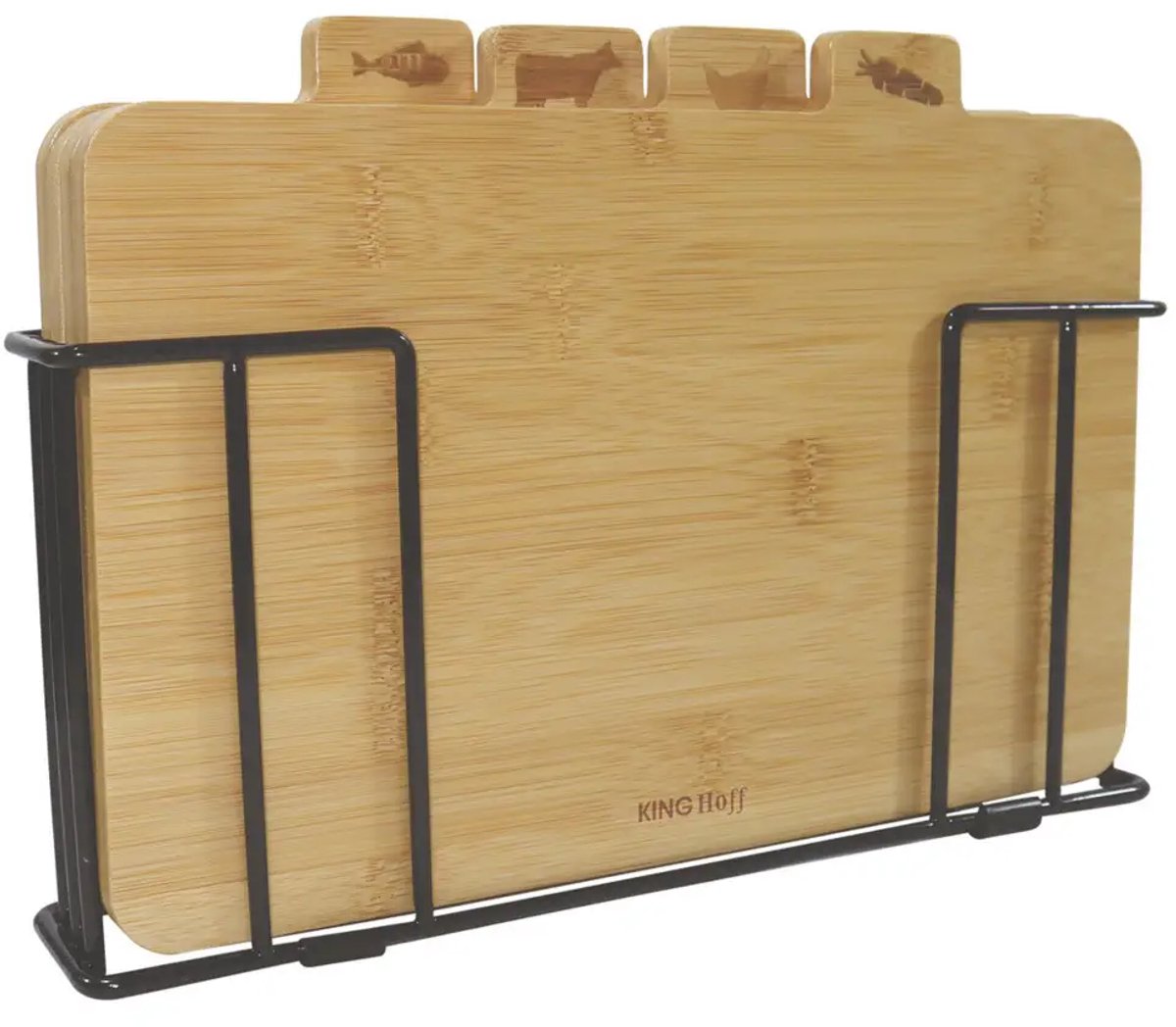 Kinghoff - 4 Delige Snijplank - Snijplanken met Standaard - Keuken Snijplankenset - Vlees, Vis, Gevogelte & Groenten - Bamboe - 28.5 x 20 cm