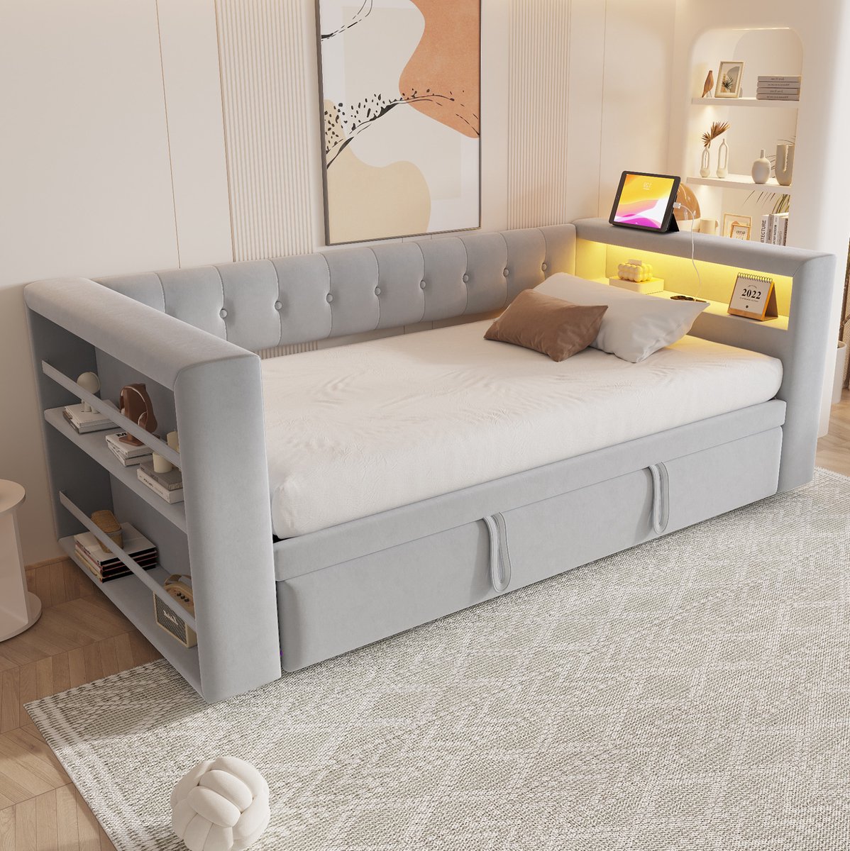 REDOM - Slaapbank - Met opbergruimte - Met LED-verlichting en stopcontact - Lattenbodem - Woonkamer - Stof, Hout, MDF, Metaal - Lichtgrijs - 214 x 182 x 74 cm