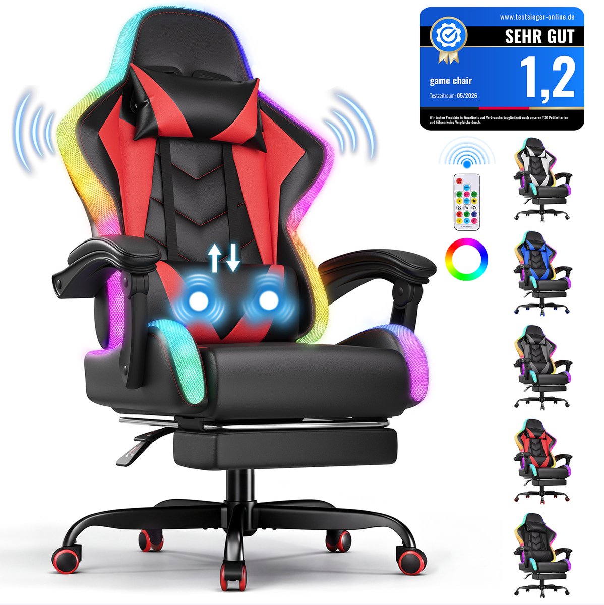 Devoko Game Stoel met ledverlichting-Ergonomische Gamestoel-Gaming chair met voetensteun-Bureaustoel met hoofdsteun en taille massage-Zwart rood