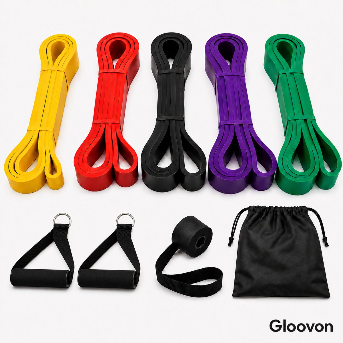 Gloovon Resistance Band Set 9-delig - 2 tot 57 kg - 208 cm - Met Handgrepen en Deuranker - Weerstandsbanden voor Krachttraining en Pull-ups - Fitness Elastieken - 100% Natuurlatex