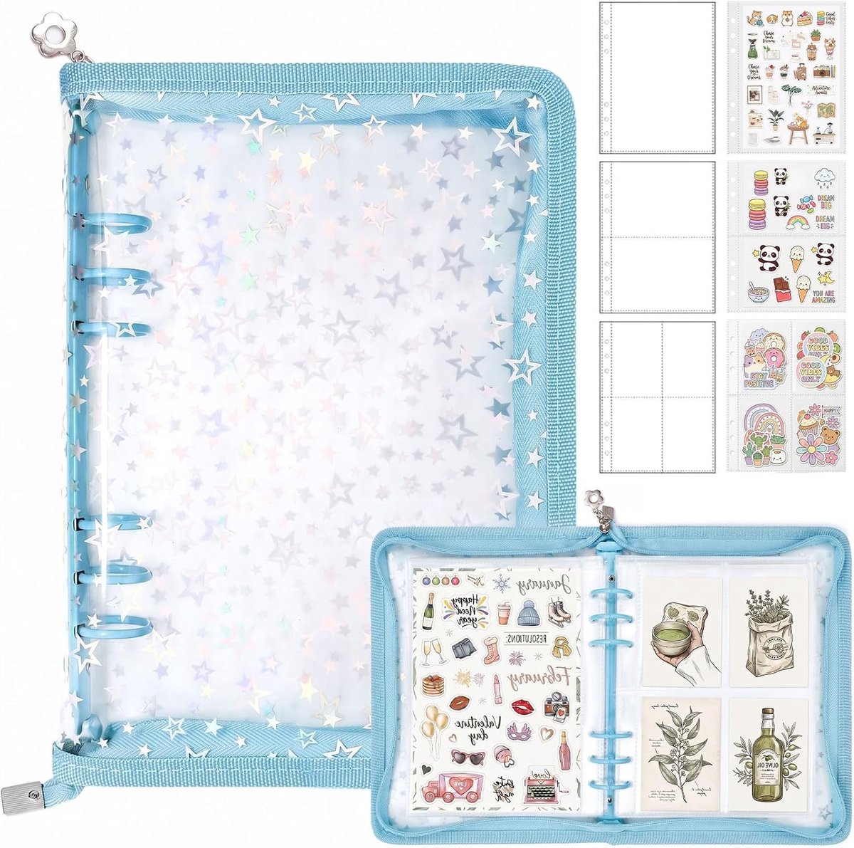 Sticker Album met 360 Pocket, 6-Ring Zipper Map en Glanzende Sterren voor Kpop Foto's, Postkaarten en Stickers Verzamelmap voor Creatieve Hobby's en Collectie