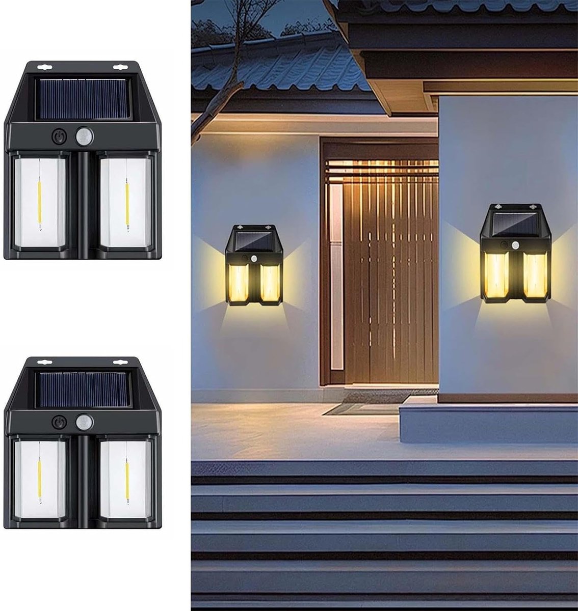 Buitenwandlampen op zonne-energie, 2 stuks, met bewegingssensor, 3 lichtstanden, waterdicht, geschikt voor tuin, terras en schutting (2 lampen).