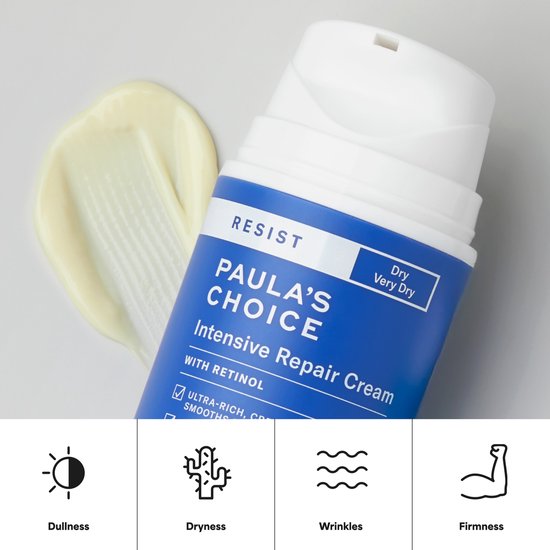 Paula's Choice Resist Intensive Repair Cream potje met een veeg crème ernaast. Iconen: vaagheid, droogte, rimpels, stevigheid.