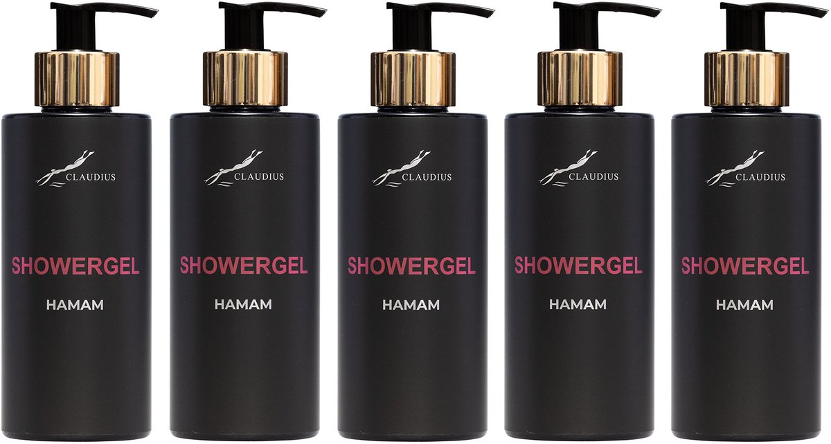Showergel Hamam 300 ml - met gouden pomp - zwarte fles - set van 5 stuks - Voordeelverpakking