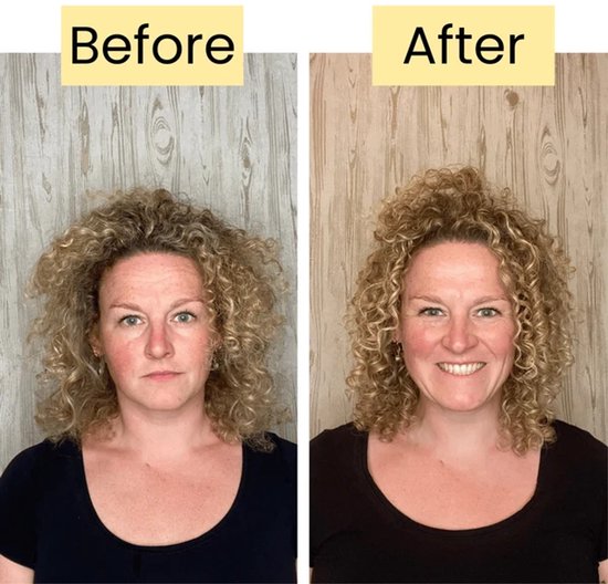 Voor en na foto van een vrouw met krullend haar. Na de behandeling zijn haar krullen voller en glanzender.
